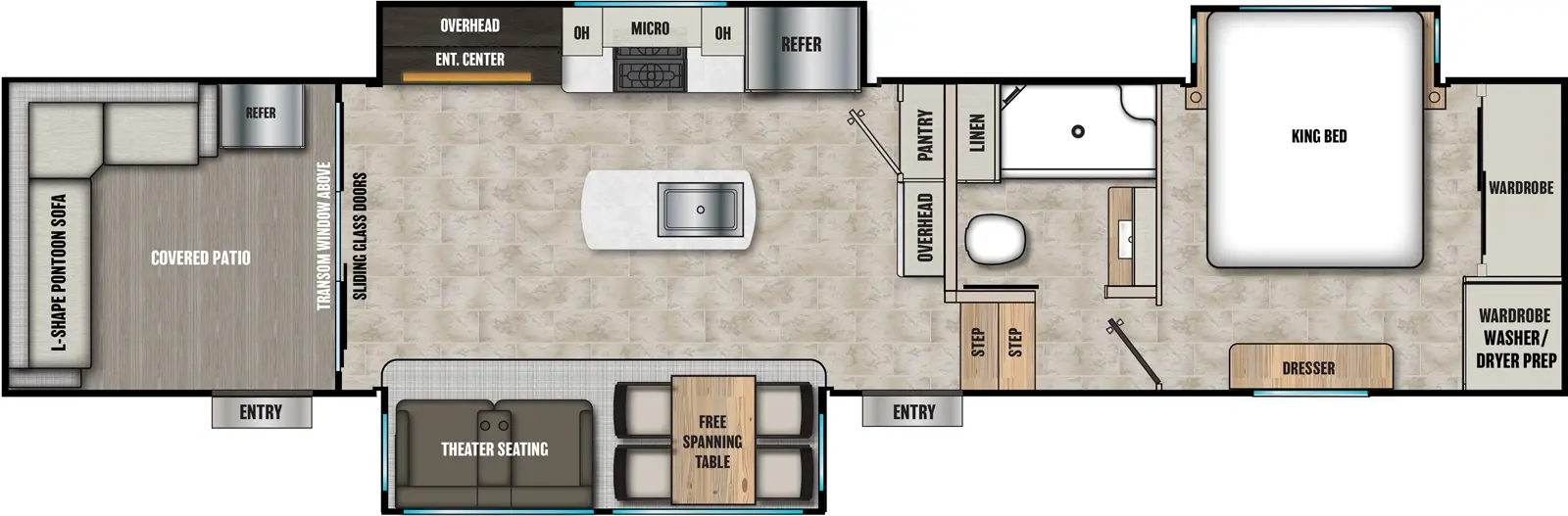 The Brookstone 318RLL floorplan has one entry and three slide outs. Exterior features include: fiberglass exterior. Interiors features include: kitchen island, free-standing dinette option and front bedroom.